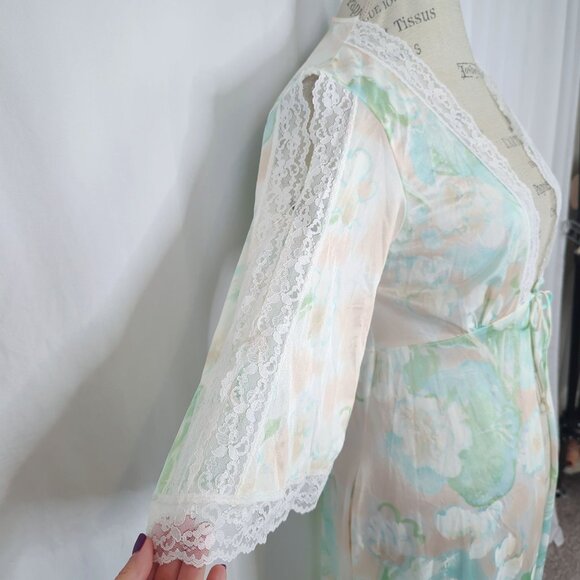 Vintage Chevette Robe Small Green Lace Long Floral - Picture 3 of 12
